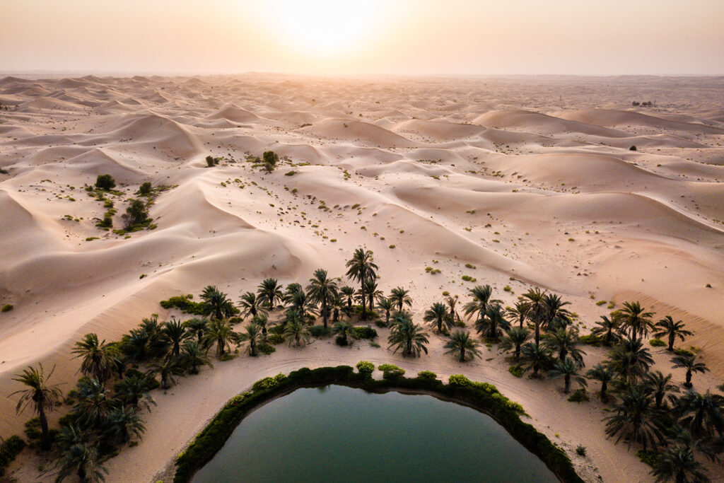 Asien, Vereinigte Arabische Emiate, Abu Dhabi. Telal Resort, mitten in der Wueste gelegen, auf der Strecke Abu Dhabi Stadt und Al Ain. Wuestenduenen der Rub al-Khali. Luftaufnahmen, Drohnenaufnahme, kurz vor Sonnenuntergang.

Asia, United Arab Emirates, Abu Dhabi. Telal Resort, in the middle of the desert. On the road between Abu Dhabi City and Al Ain. Desert dunes of the Rub al-Khali. Airial view, drone picture, shortly before sunset.

10.2017